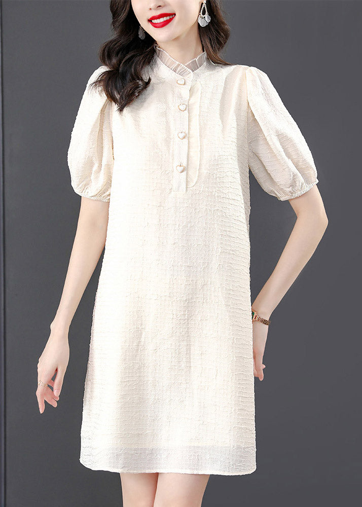 French Beige Stand Collar Lace Patchwork Button Mid Dress Summer TI1015 - fabuloryshop