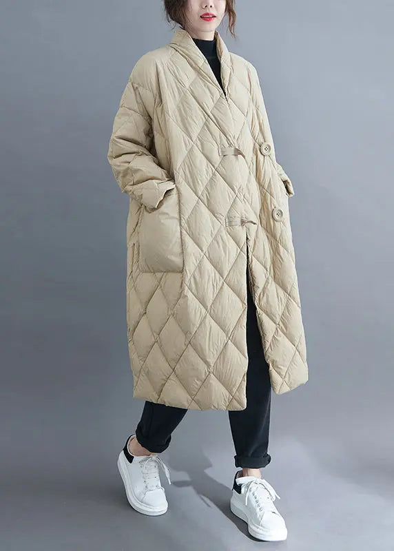 French Beige V Neck Button Pockets Cotton Filled Long Parka Winter Ada Fashion