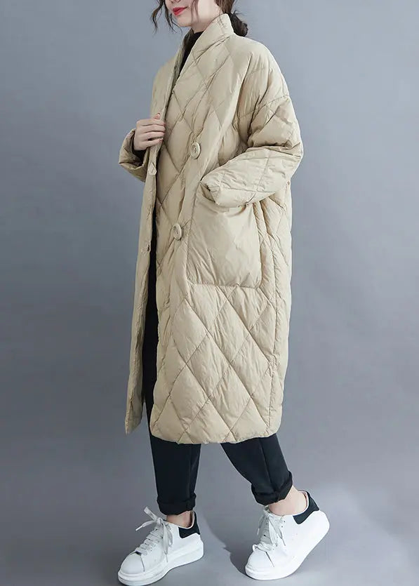 French Beige V Neck Button Pockets Cotton Filled Long Parka Winter Ada Fashion