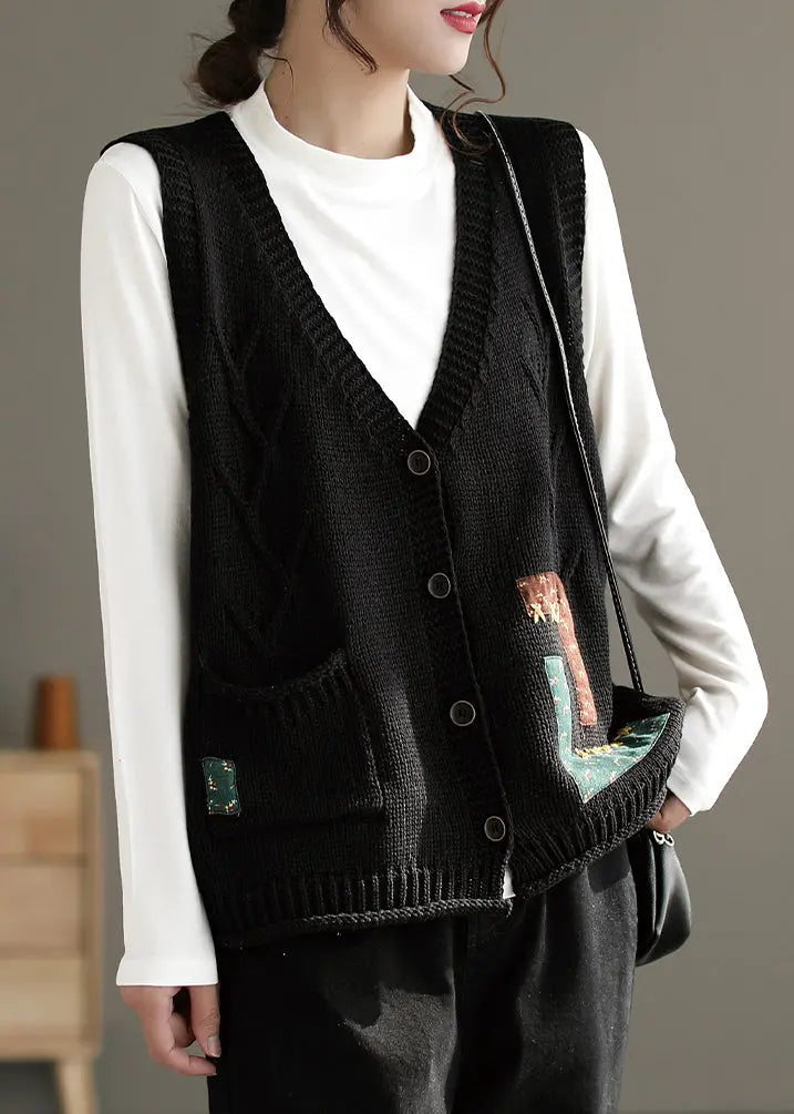 French Beige V Neck Button Pockets Cotton Knit Waistcoat Sleeveless Ada Fashion