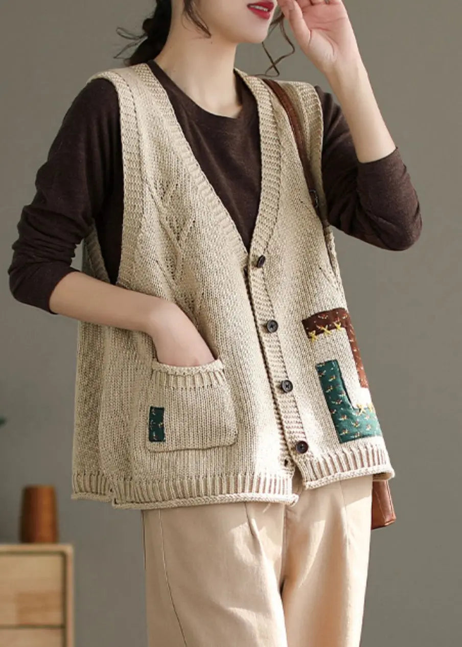 French Beige V Neck Button Pockets Cotton Knit Waistcoat Sleeveless Ada Fashion