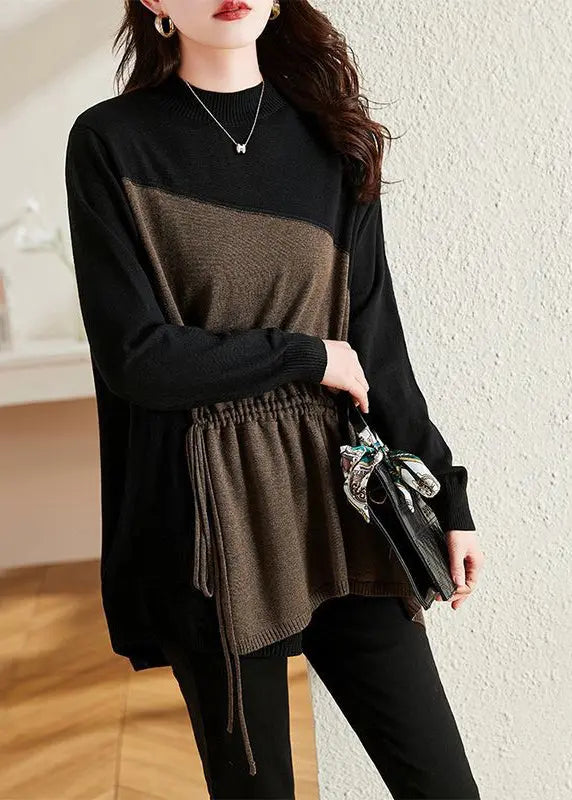 French Black Asymmetrical Patchwork Drawstring Knit Sweaters Fall Ada Fashion