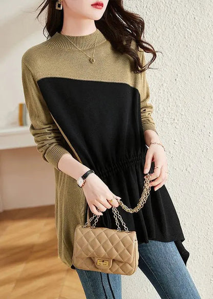 French Black Asymmetrical Patchwork Drawstring Knit Sweaters Fall Ada Fashion