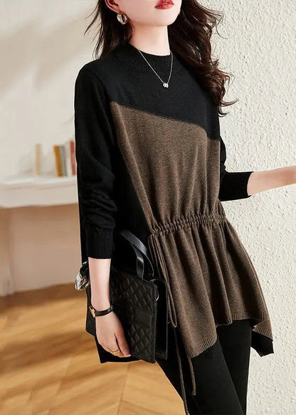 French Black Asymmetrical Patchwork Drawstring Knit Sweaters Fall Ada Fashion