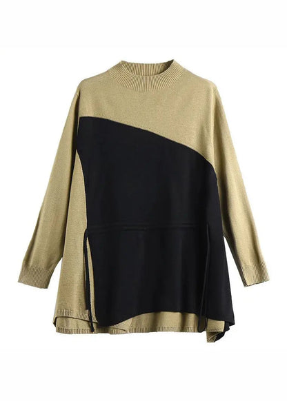 French Black Asymmetrical Patchwork Drawstring Knit Sweaters Fall Ada Fashion