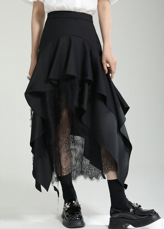 French Black Asymmetrical Ruffled Lace Patchwork Cotton Skirt Fall Ada Fashion