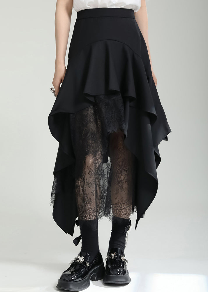 French Black Asymmetrical Ruffled Lace Patchwork Cotton Skirt Fall Ada Fashion