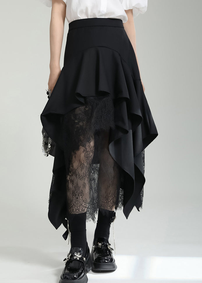 French Black Asymmetrical Ruffled Lace Patchwork Cotton Skirt Fall Ada Fashion