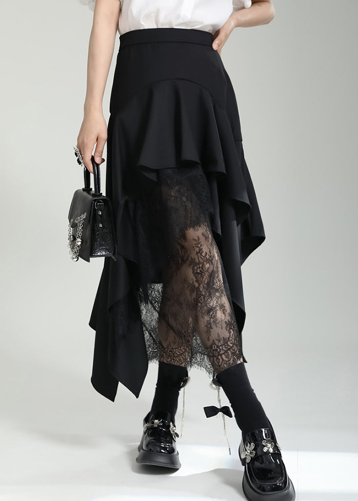 French Black Asymmetrical Ruffled Lace Patchwork Cotton Skirt Fall Ada Fashion