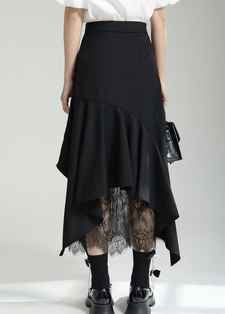 French Black Asymmetrical Ruffled Lace Patchwork Cotton Skirt Fall Ada Fashion