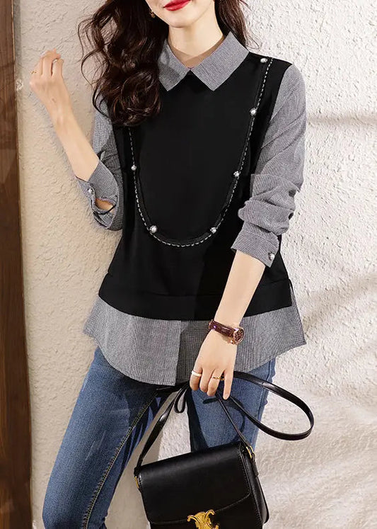 French Black Button Patchwork False Two Pieces Cotton Top Long Sleeve Ada Fashion