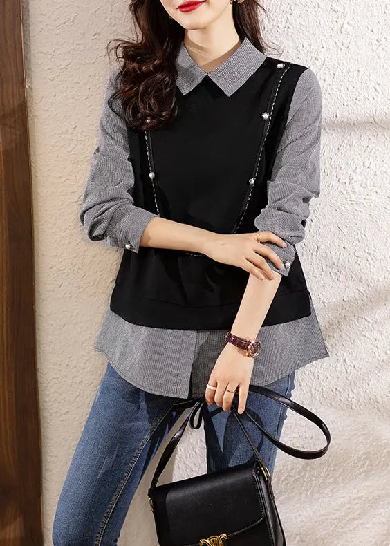 French Black Button Patchwork False Two Pieces Cotton Top Long Sleeve Ada Fashion