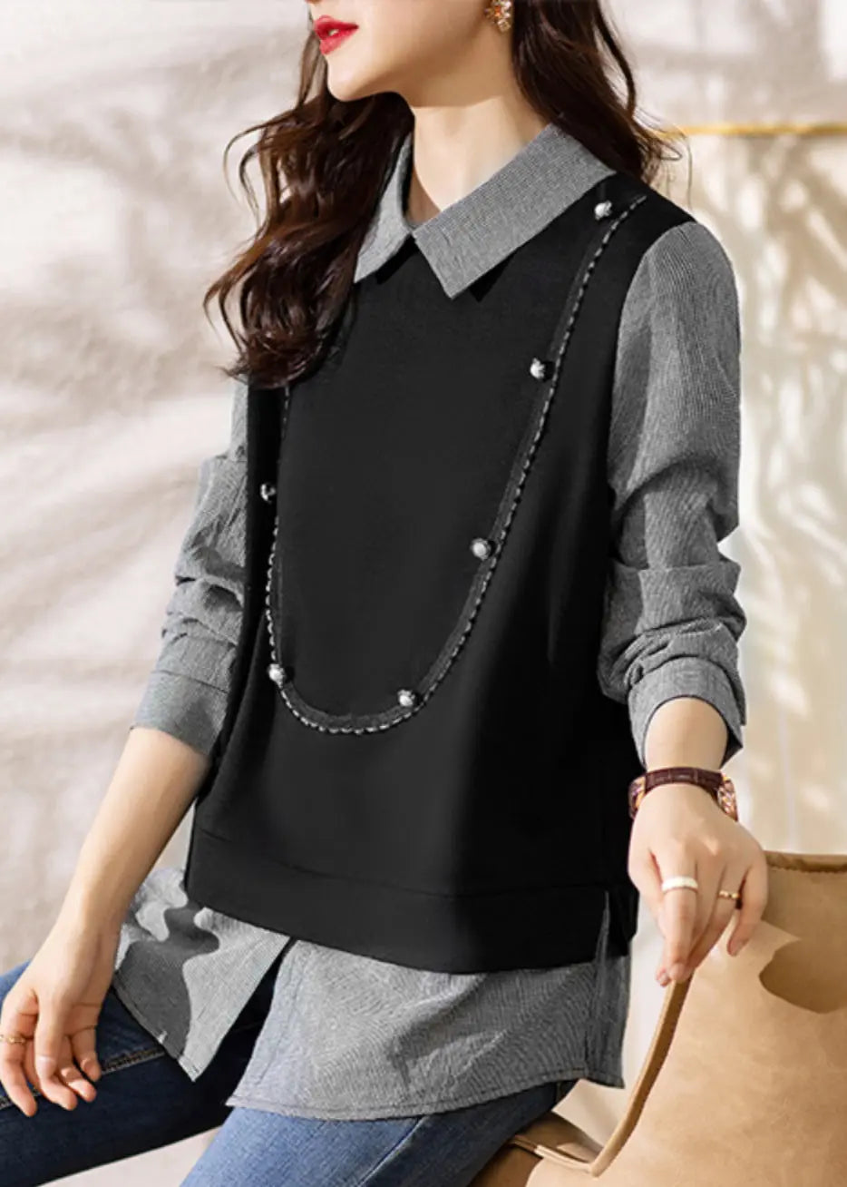 French Black Button Patchwork False Two Pieces Cotton Top Long Sleeve Ada Fashion