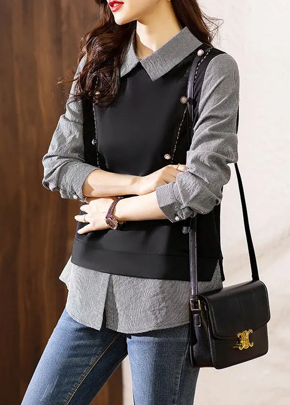 French Black Button Patchwork False Two Pieces Cotton Top Long Sleeve Ada Fashion