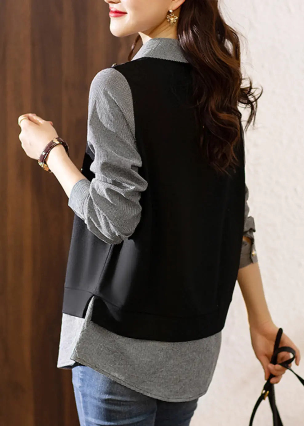 French Black Button Patchwork False Two Pieces Cotton Top Long Sleeve Ada Fashion