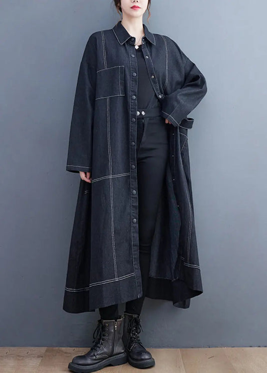 French Black Button Pockets Denim Long Trench Coat Fall Ada Fashion