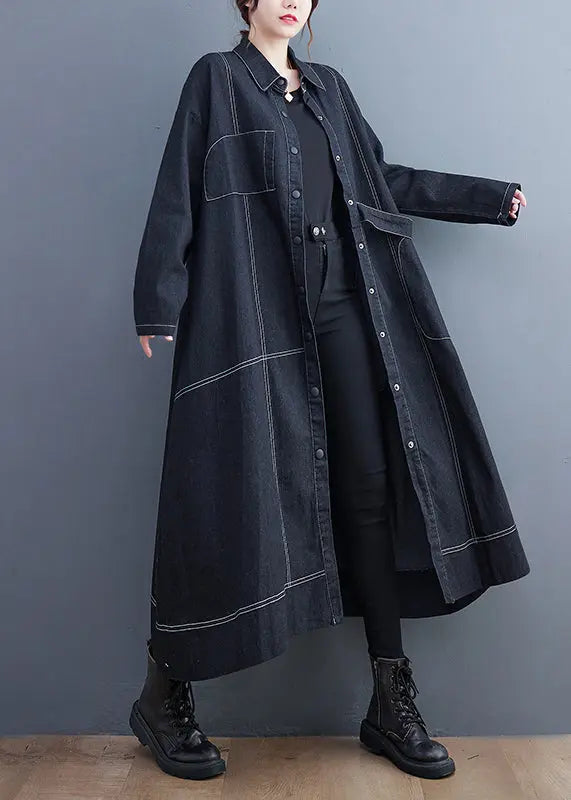 French Black Button Pockets Denim Long Trench Coat Fall Ada Fashion