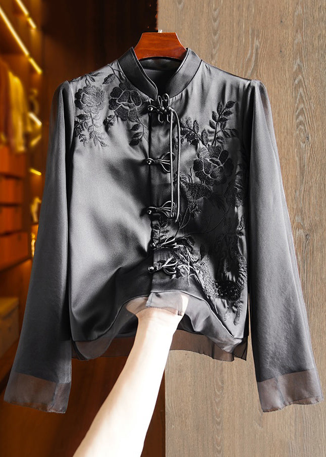 French Black Chinese Button Embroideried Patchwork Silk Tops Long Sleeve Ada Fashion