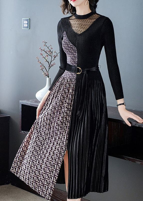 French Black Cinched Patchwork Side Open Silk Velour Maxi Dress Spring LC0081 - fabuloryshop