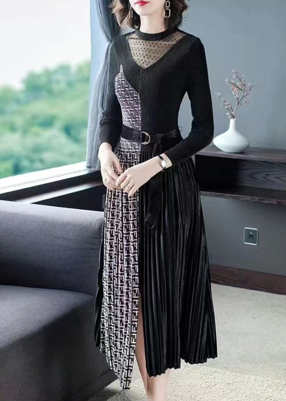 French Black Cinched Patchwork Side Open Silk Velour Maxi Dress Spring LC0081 - fabuloryshop