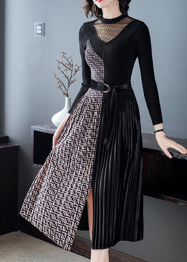 French Black Cinched Patchwork Side Open Silk Velour Maxi Dress Spring LC0081 - fabuloryshop