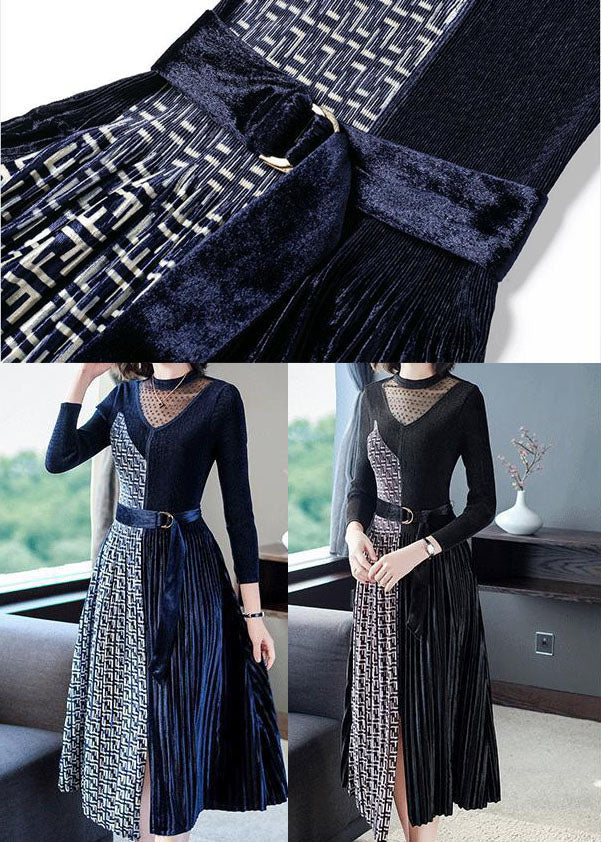 French Black Cinched Patchwork Side Open Silk Velour Maxi Dress Spring LC0081 - fabuloryshop