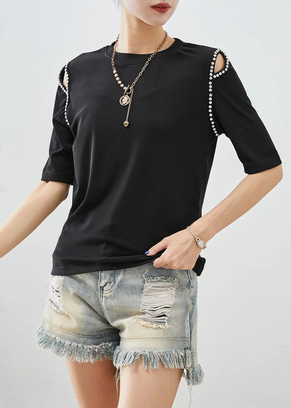 French Black Cold Shoulder Zircon Cotton Blouse Tops Half Sleeve Ada Fashion