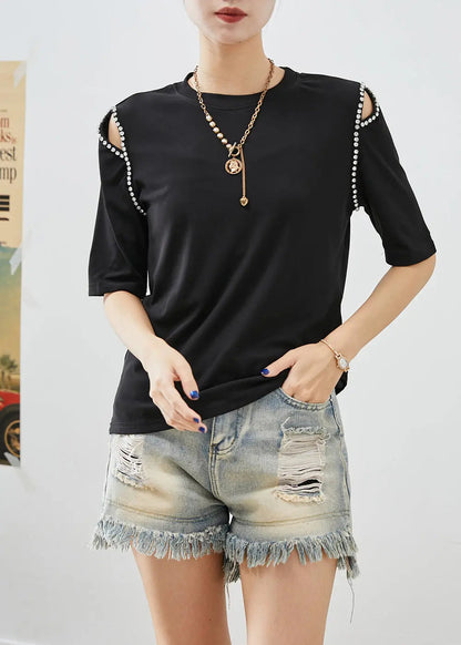 French Black Cold Shoulder Zircon Cotton Blouse Tops Half Sleeve Ada Fashion