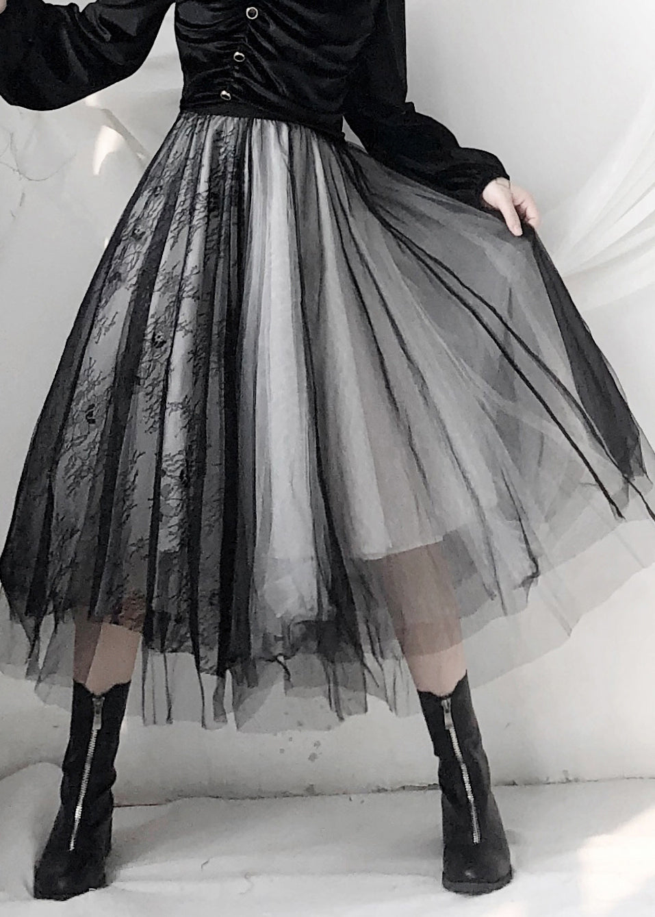 French Black Elastic Waist Lace Patchwork Tulle Skirt Fall Ada Fashion