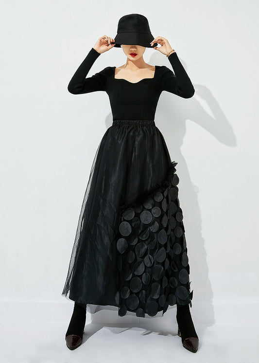French Black Elastic Waist Patchwork Dot Tulle Vacation Skirts Spring LY0857 - fabuloryshop