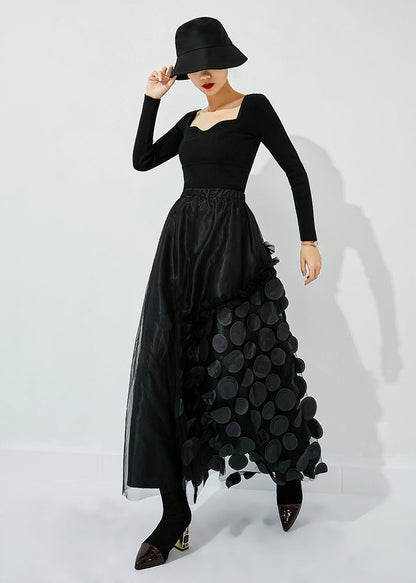 French Black Elastic Waist Patchwork Dot Tulle Vacation Skirts Spring LY0857 - fabuloryshop