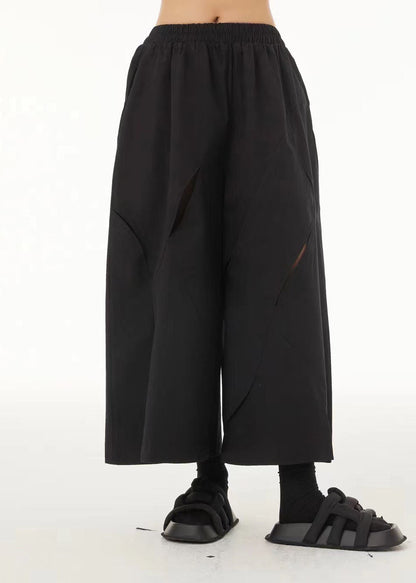 French Black Elastic Waist Ripped Cotton Wide Leg Crop Pants Summer TS1042 - fabuloryshop