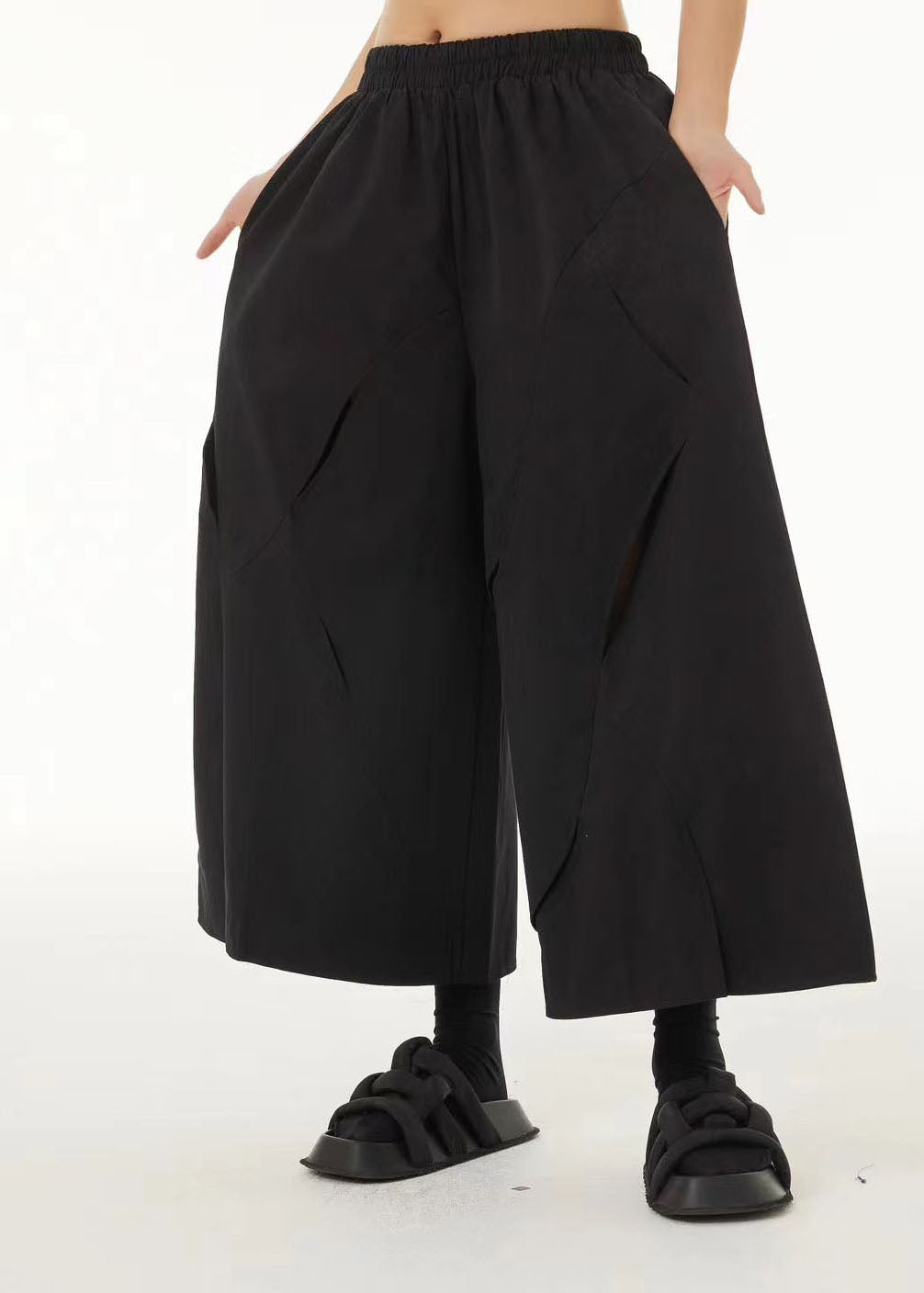 French Black Elastic Waist Ripped Cotton Wide Leg Crop Pants Summer TS1042 - fabuloryshop