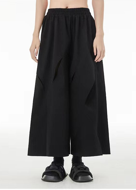 French Black Elastic Waist Ripped Cotton Wide Leg Crop Pants Summer TS1042 - fabuloryshop