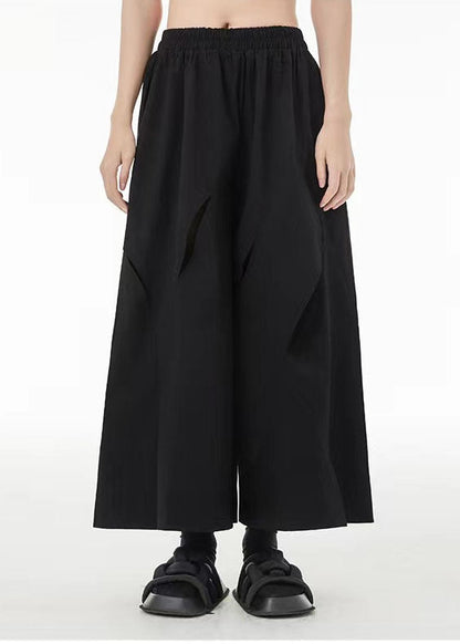 French Black Elastic Waist Ripped Cotton Wide Leg Crop Pants Summer LC0100 - fabuloryshop