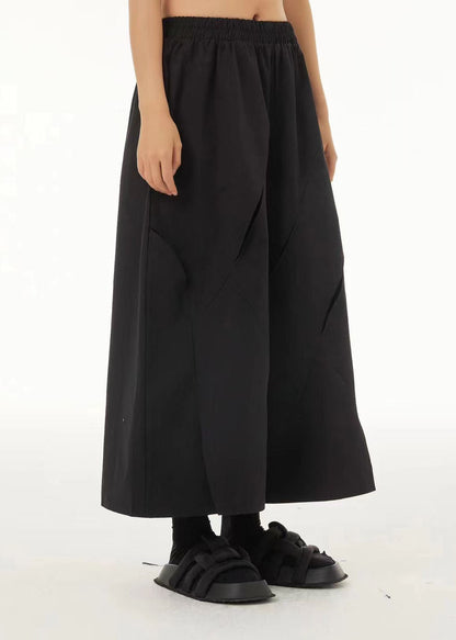 French Black Elastic Waist Ripped Cotton Wide Leg Crop Pants Summer TS1042 - fabuloryshop