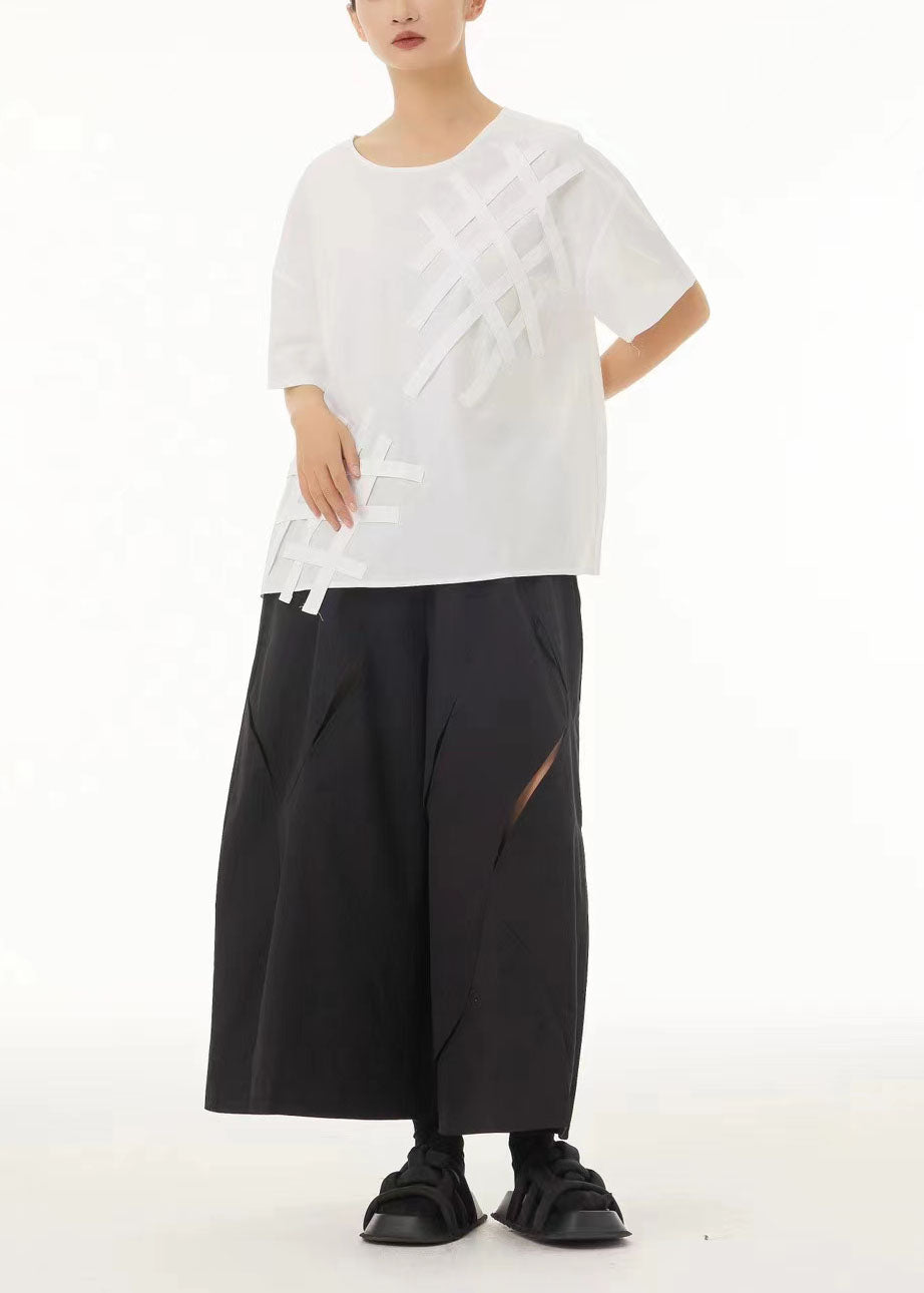 French Black Elastic Waist Ripped Cotton Wide Leg Crop Pants Summer TS1042 - fabuloryshop