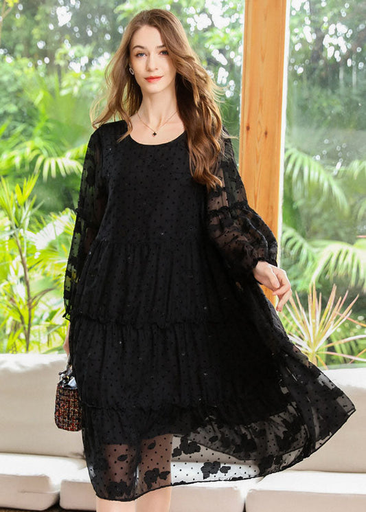 French Black Embroideried Ruffled Hollow Out Chiffon Dresses Spring LY0261 - fabuloryshop