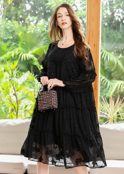 French Black Embroideried Ruffled Hollow Out Chiffon Dresses Spring LY0261 - fabuloryshop