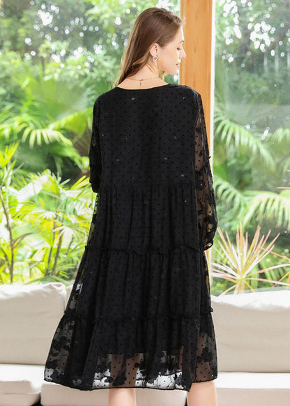 French Black Embroideried Ruffled Hollow Out Chiffon Dresses Spring LY0261 - fabuloryshop