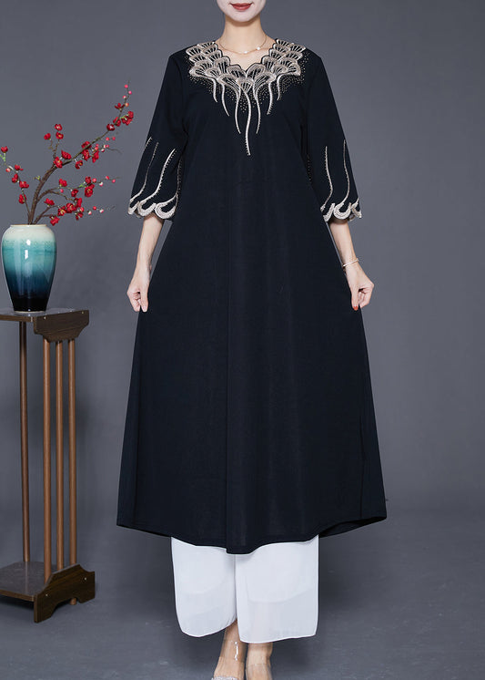 French Black Embroideried Zircon Exra Large Hem Long Dresses Summer Ada Fashion