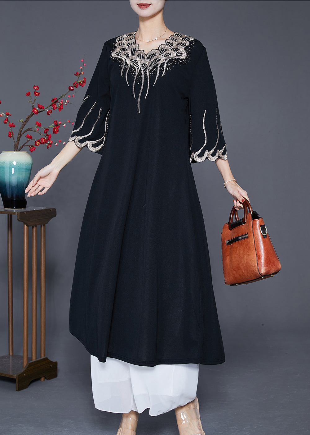 French Black Embroideried Zircon Exra Large Hem Long Dresses Summer Ada Fashion