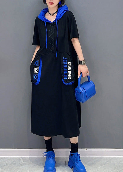 French Black Graphic Print Patchwork Vacation Hooded Maxi Dresses Short Sleeve LY6048 - fabuloryshop