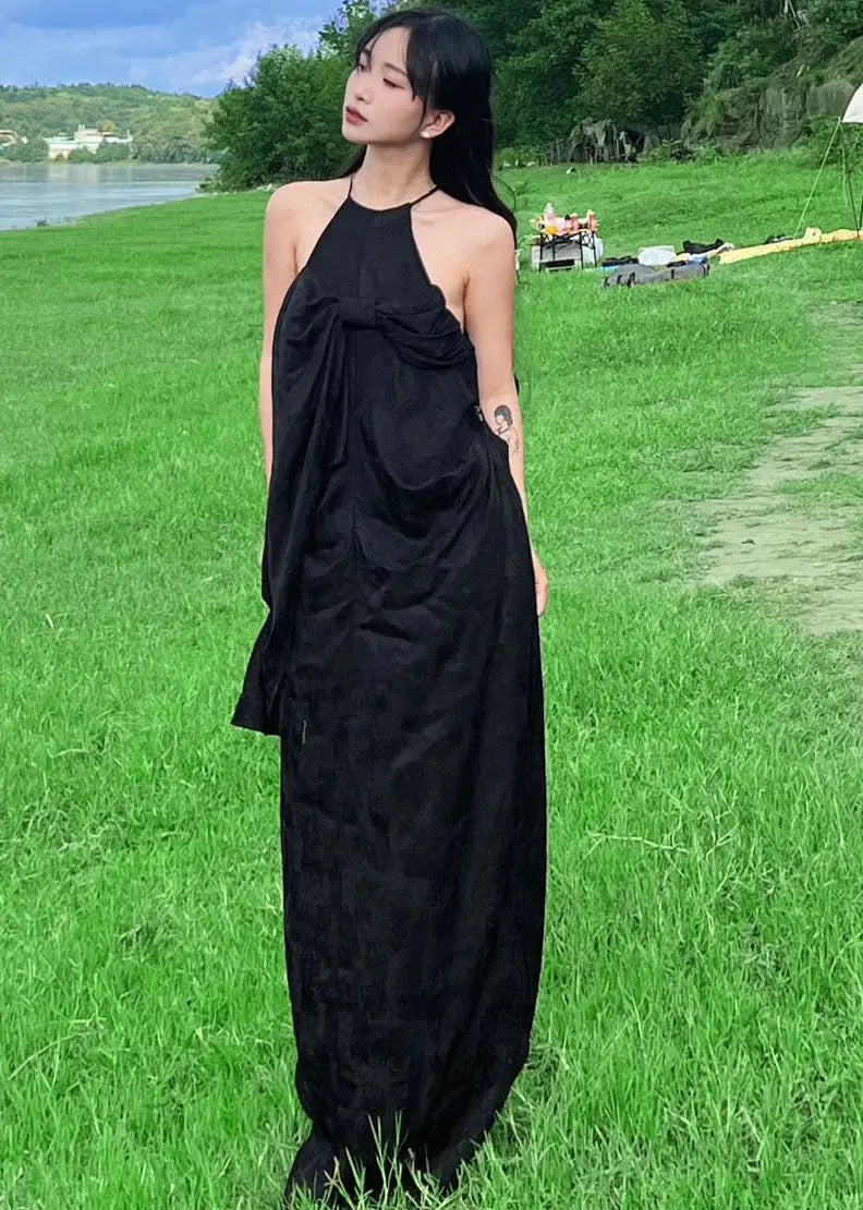 French Black Halter Bow Wrinkled Maxi Dress Summer Ada Fashion