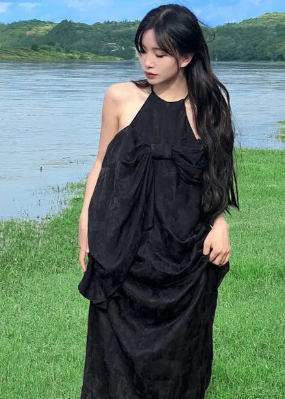 French Black Halter Bow Wrinkled Maxi Dress Summer Ada Fashion