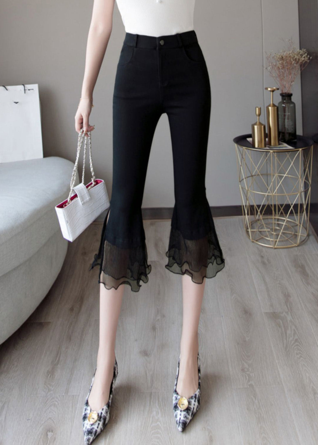 French Black High Waist Lace Patchwork Bell Bottom Trousers Summer LY0199 - fabuloryshop