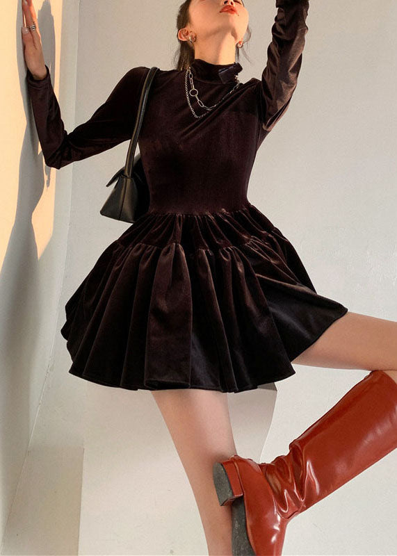 French Black Hign Neck Wrinkled Patchwork Silk Velour Dress Spring LY0784 - fabuloryshop