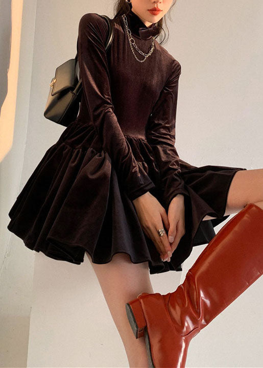 French Black Hign Neck Wrinkled Patchwork Silk Velour Dress Spring LY0784 - fabuloryshop