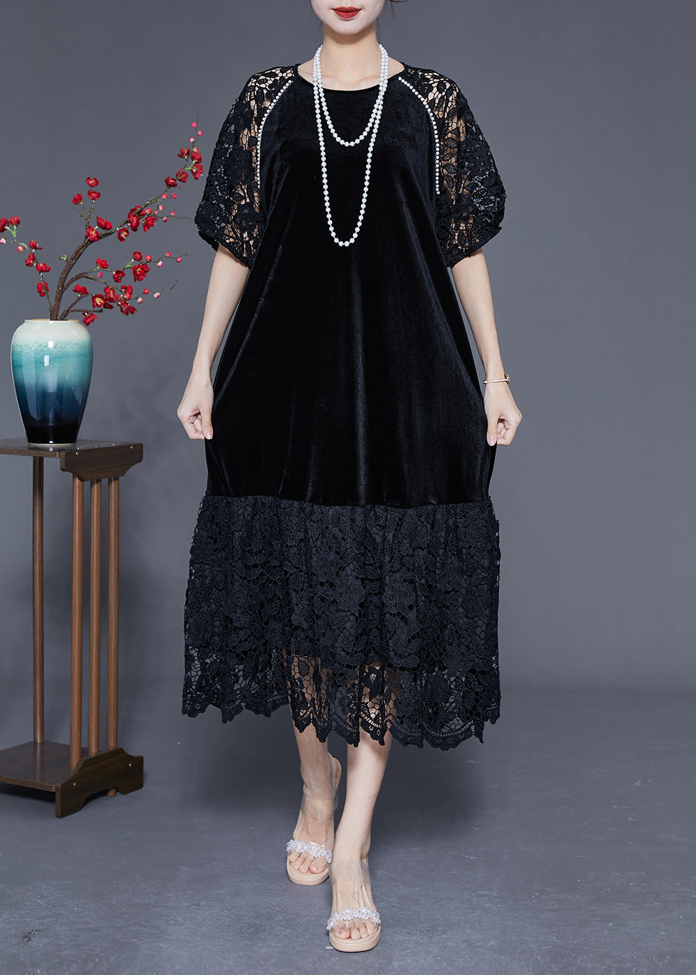 French Black Hollow Out Lace Patchwork Silk Velour Maxi Dresses Summer LY1765 - fabuloryshop