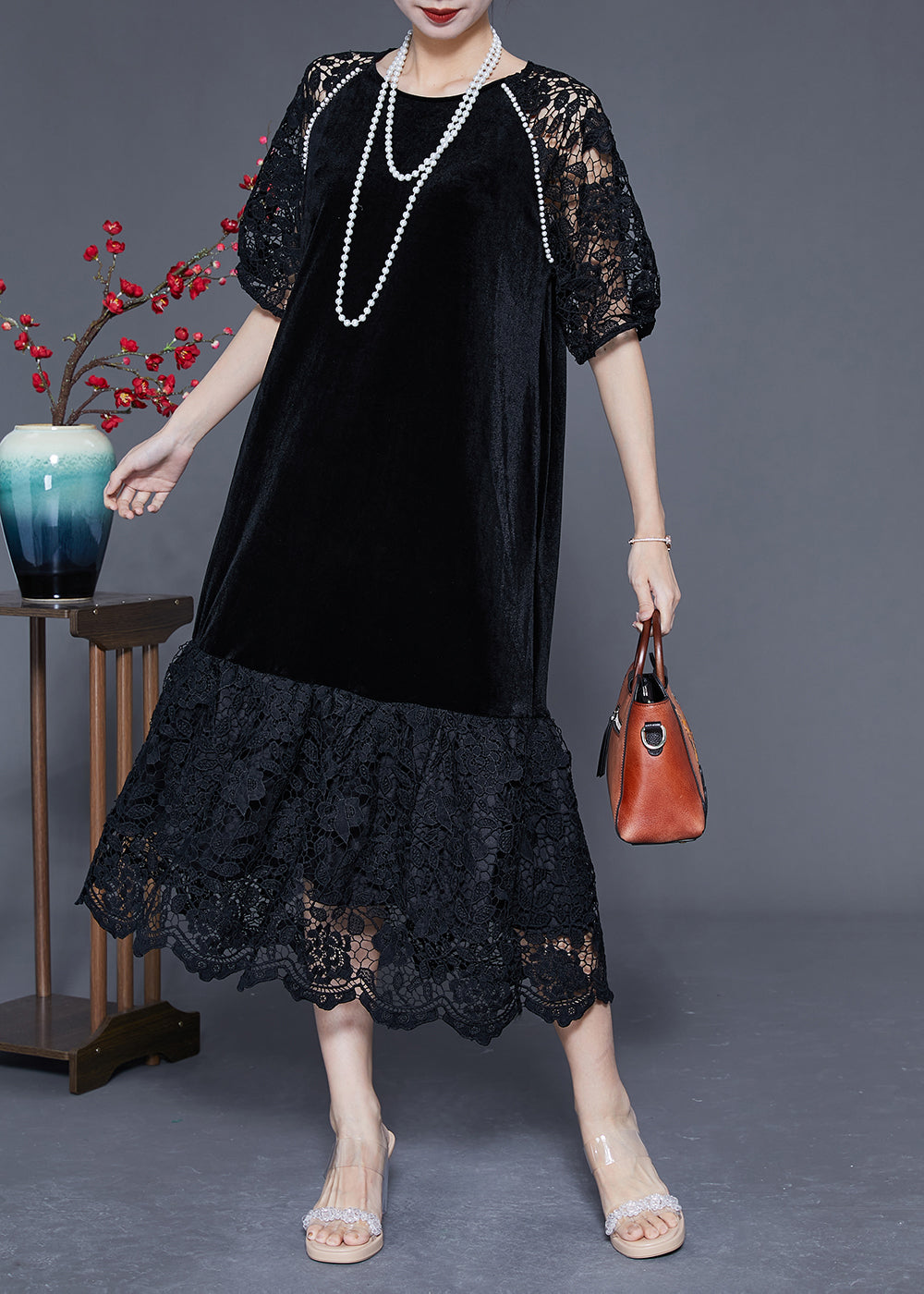 French Black Hollow Out Lace Patchwork Silk Velour Maxi Dresses Summer LY1765 - fabuloryshop